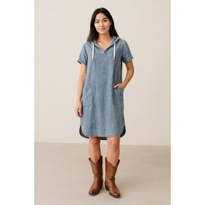 Hey Betty Women's Blue Denim Hooded Dress Short Sleeve Pockets Casual EU 36